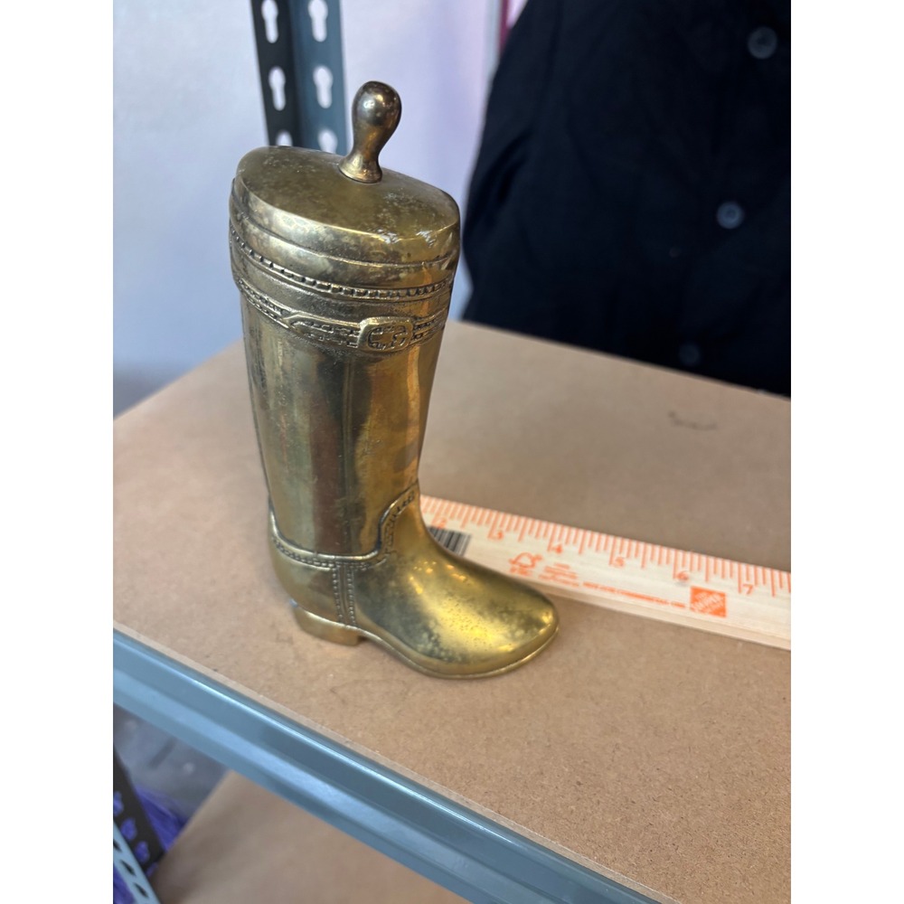Vintage Solid Brass Riding Boot Trinket Box Hinged Lid Korea Equestrian Decor